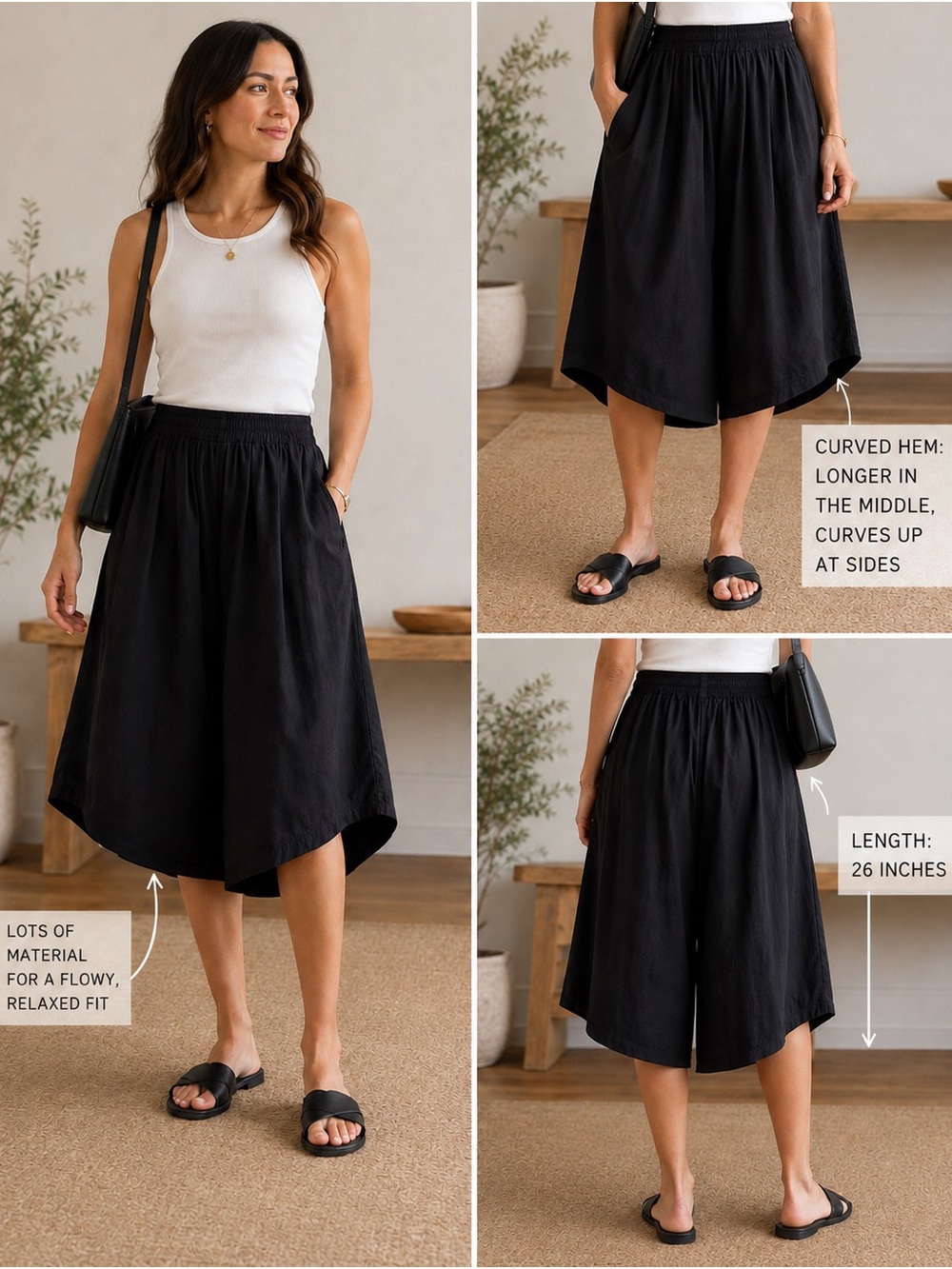 COS Black Wide Leg Culottes Cropped Pants Elastic Waist Pull-On Pockets EU 34